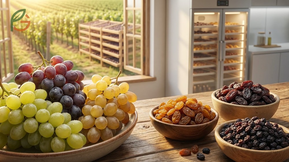 What are dry grapes explaining the differences between raisins, sultanas, and currants based on grape variety.