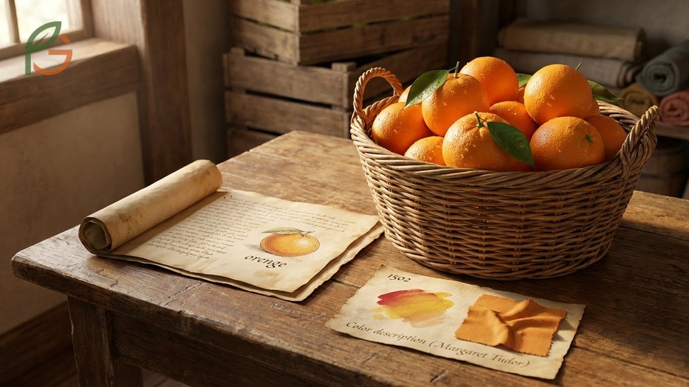 What came first the color orange or the fruit facts showing the color name appeared in English records around 1502.