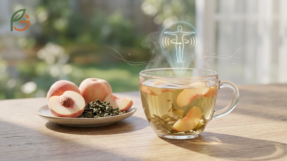 White peach oolong tea cup steaming with aroma benefits and metabolism supporting properties.