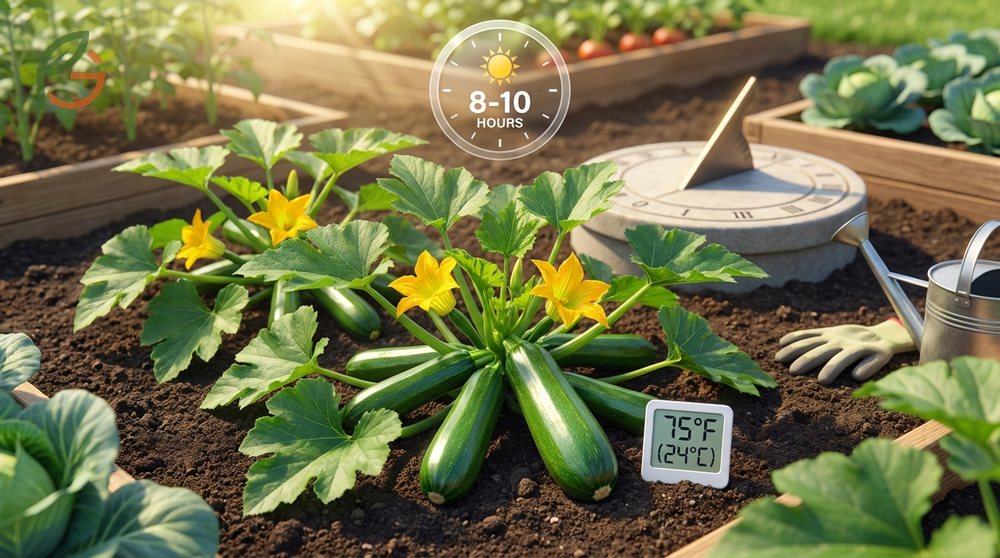 Zucchini growing conditions requiring 1 to 2 inches of water weekly and balanced fertilizer application for high yields.
