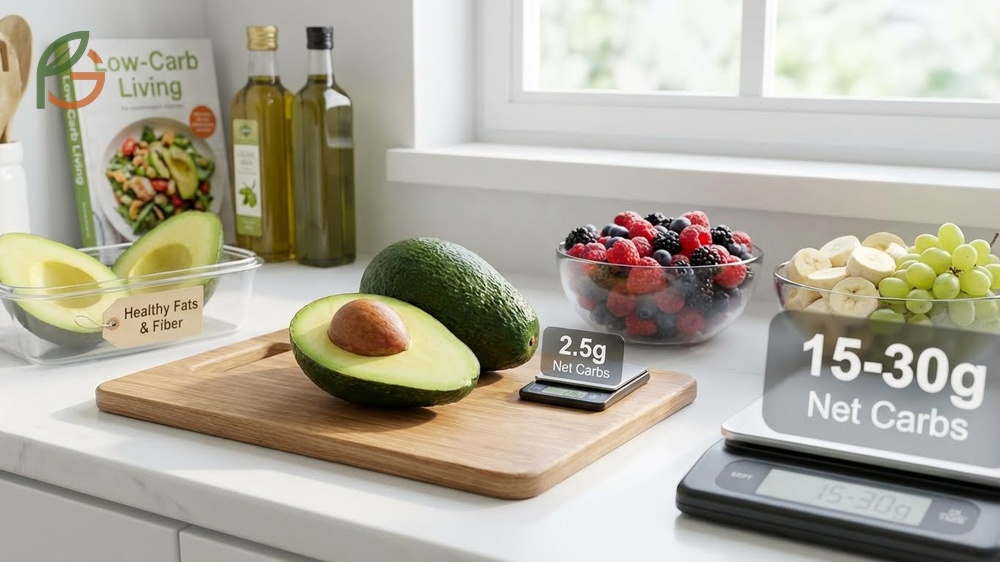 Are avocados low carb comparison showing they contain significantly less sugar than other fruits.