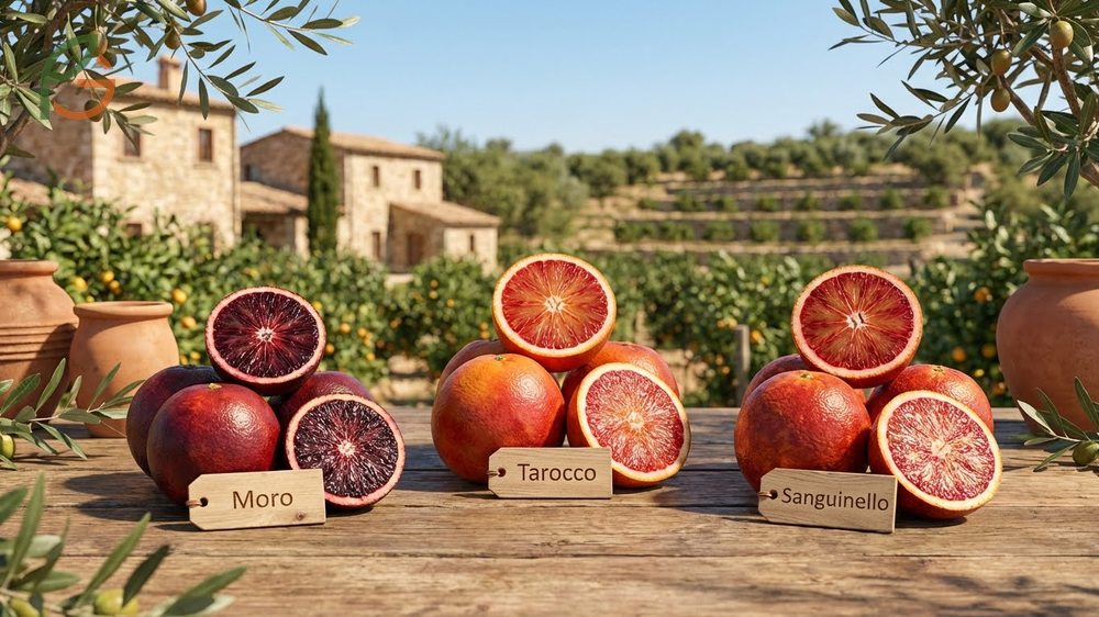 Oranges that are red inside varieties including Moro Tarocco and Sanguinelli with unique colors and harvest times.