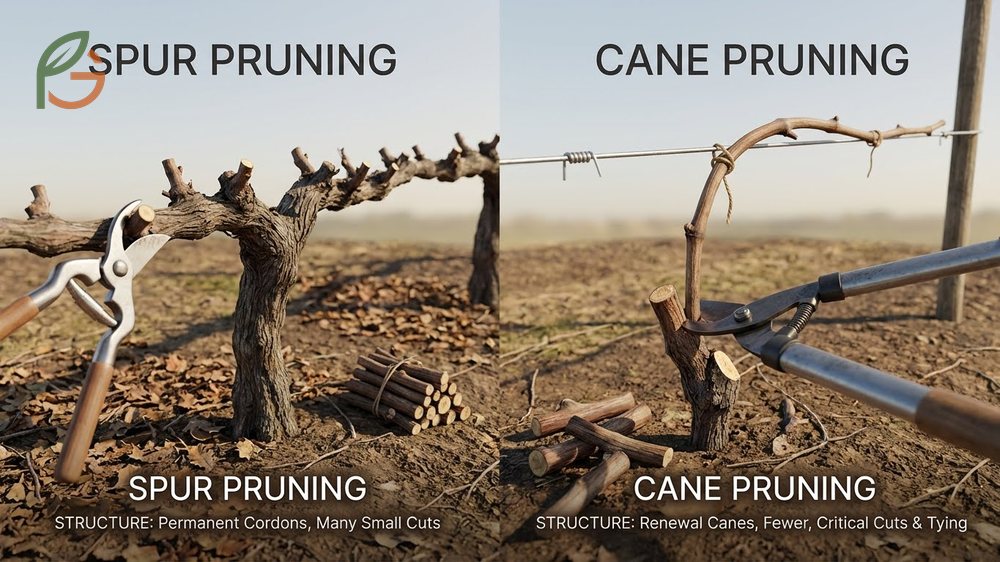 Cane spur pruning difference in structural requirements and winter labor intensity for vineyard management.
