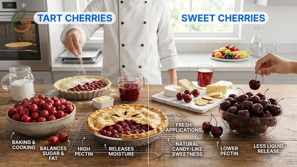 Culinary uses for each type featuring tart cherries in pies and sweet cherries for fresh eating.