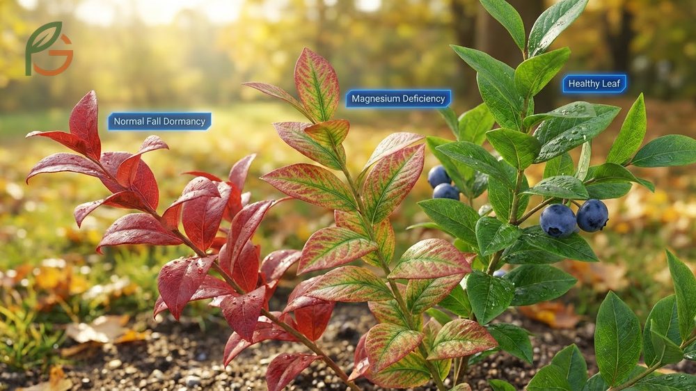 Blueberry plant leaves turning red during the growing season signals distinct issues unlike normal fall color changes.