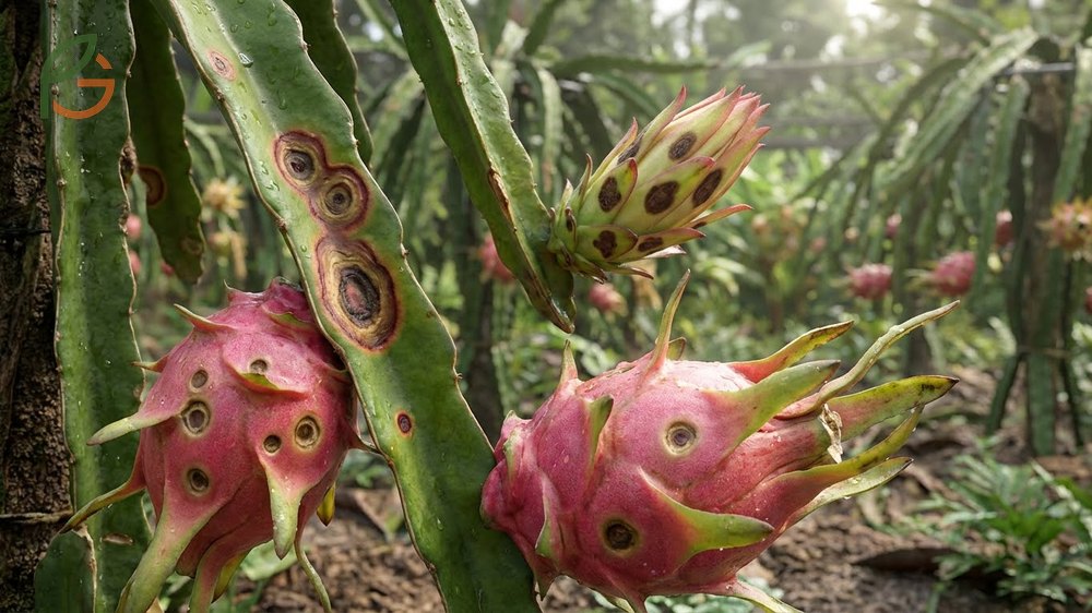 Dragon fruit diseases and pests like anthracnose and mealybugs can be managed with organic copper sprays and neem oil.