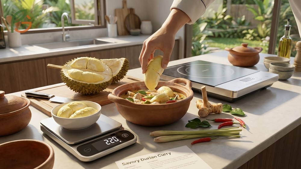 Durian recipes for ice cream and savory curry use 200 to 250 grams of flesh per serving for balance.