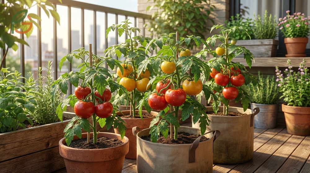 Dwarf tomato varieties are bred to stay under 3 feet tall while producing full sized fruit perfect for balcony gardens.
