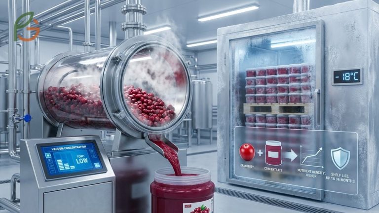 Frozen cranberry juice concentrate processing and storage guide highlighting nutrient retention and vacuum concentration methods.