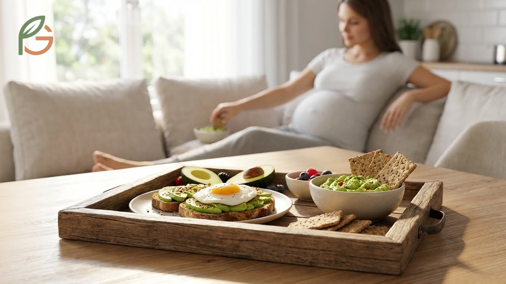 Avocado smoothies with greek yogurt provide a complete meal replacement with folate and calcium for pregnant women with nausea.