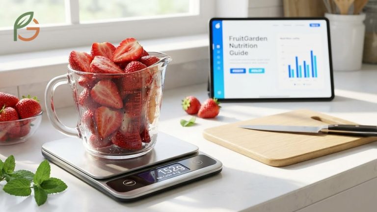 How many carbs in strawberries infographic highlighting 11.7g total carbohydrates and 8.7g net carbs per cup serving.
