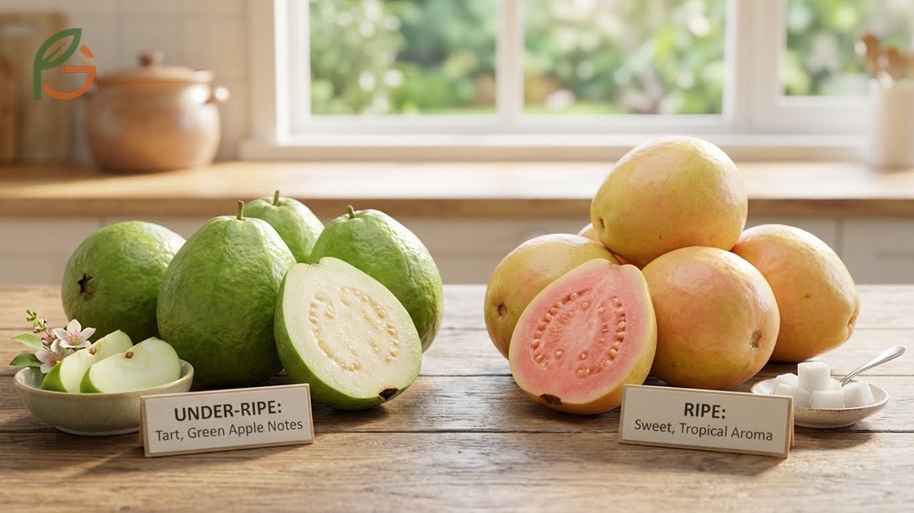 How ripeness affects flavor in guava from tart green apple notes to honeyed sweetness.