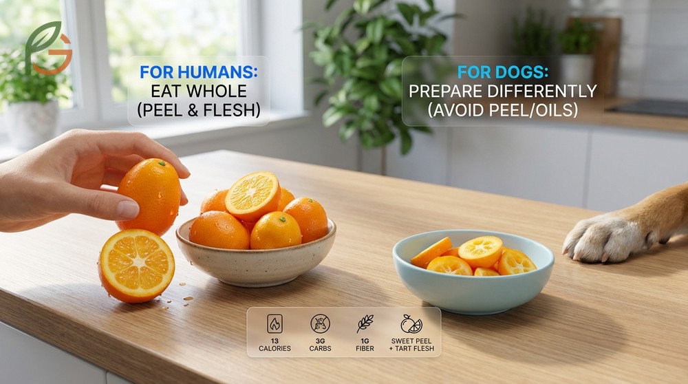 How to eat kumquat preparation for dogs requiring removal of peel and seeds to avoid 13 calories of sugar intake.