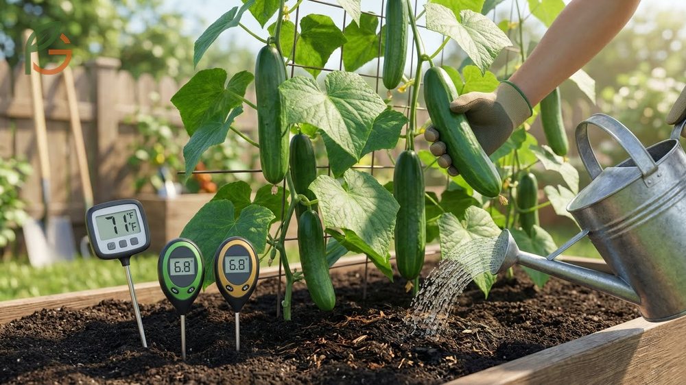 Gardener tying burpless cucumber vines to a vertical trellis to support the long fruits and improve air circulation.