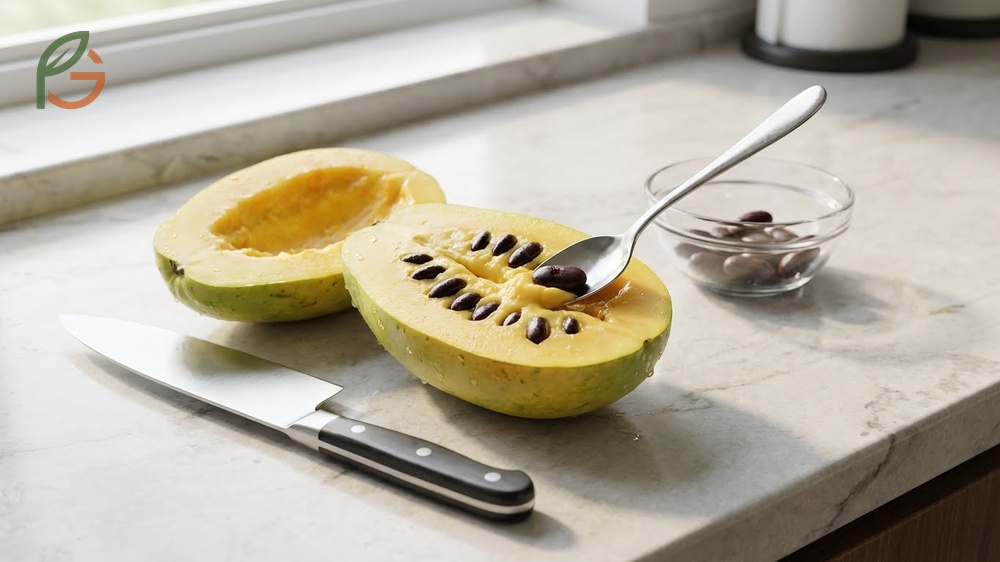 Person using a spoon to scoop out paw paw seeds from the yellow flesh to prepare safe fruit pulp.