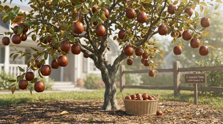 Li jujube fruit tree producing large round fruits averaging 3 to 5 centimeters that ripen to a sweet mahogany finish.