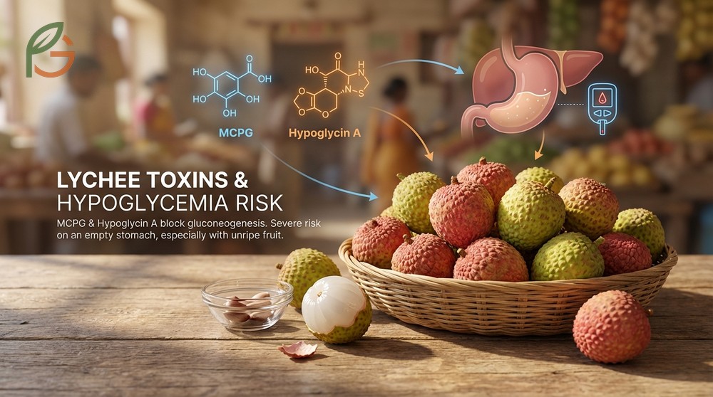 Lychee side effects include toxicity from MCPG in unripe fruit which blocks glucose production in malnourished children.