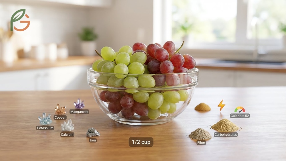 Nutritional profile of grapes detailing calorie count and essential minerals like copper and potassium for health.