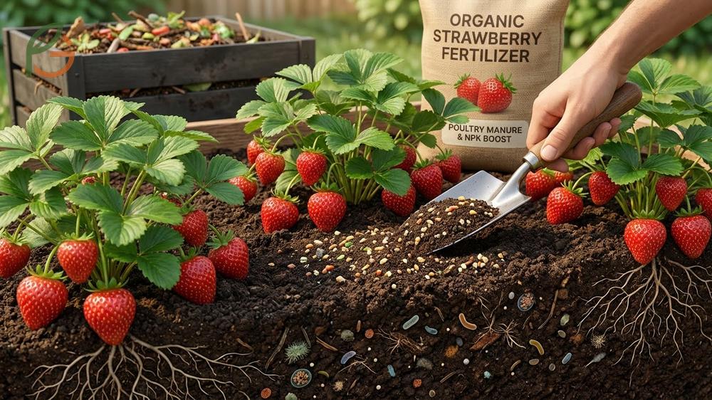 Organic compost and bone meal being mixed into soil as natural strawberry fertilizer.