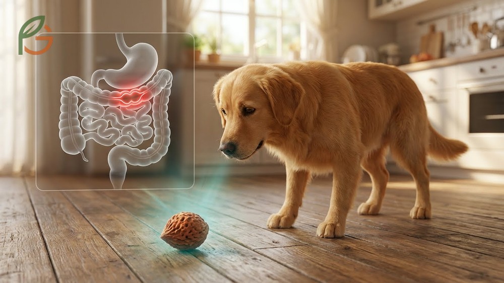 Peach pit dangers for dogs highlighting cyanide poisoning risks and intestinal blockage hazards.