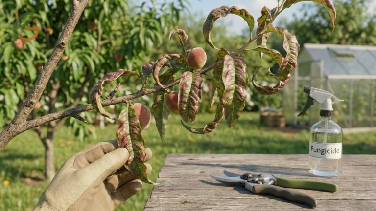 Peach tree leaf curl treatment guide featuring comprehensive advice on fungal disease management for backyard orchards.