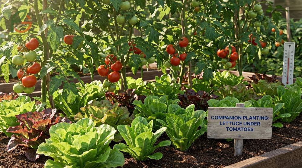 Planting lettuce under tomatoes to utilize shade for extended harvests and keep the soil cool.