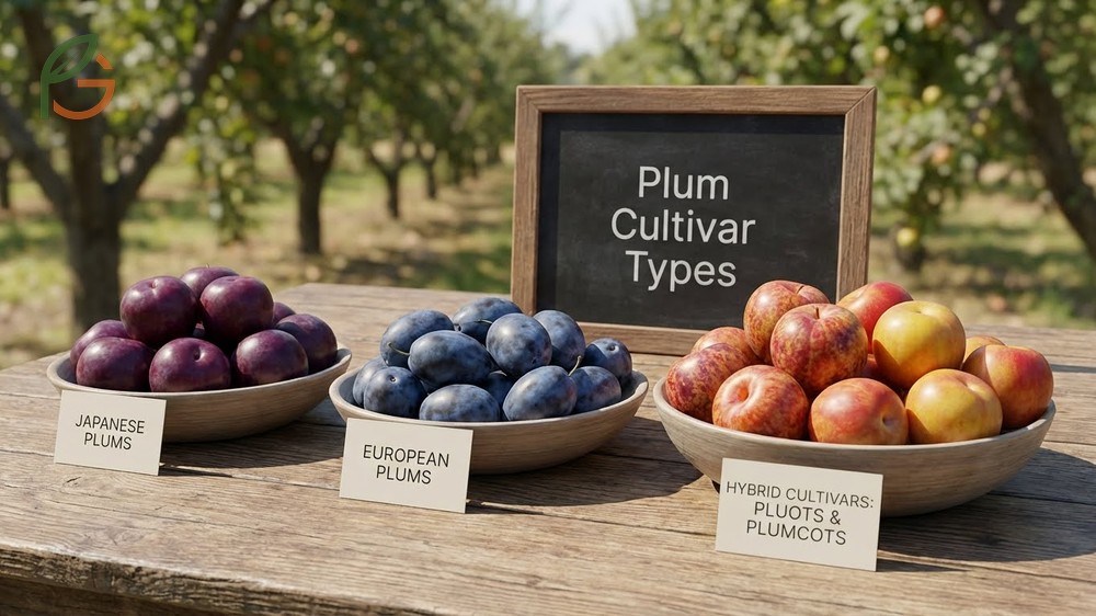 Plum cultivar types including hybrids like pluots and blood plums for specific growing zones.