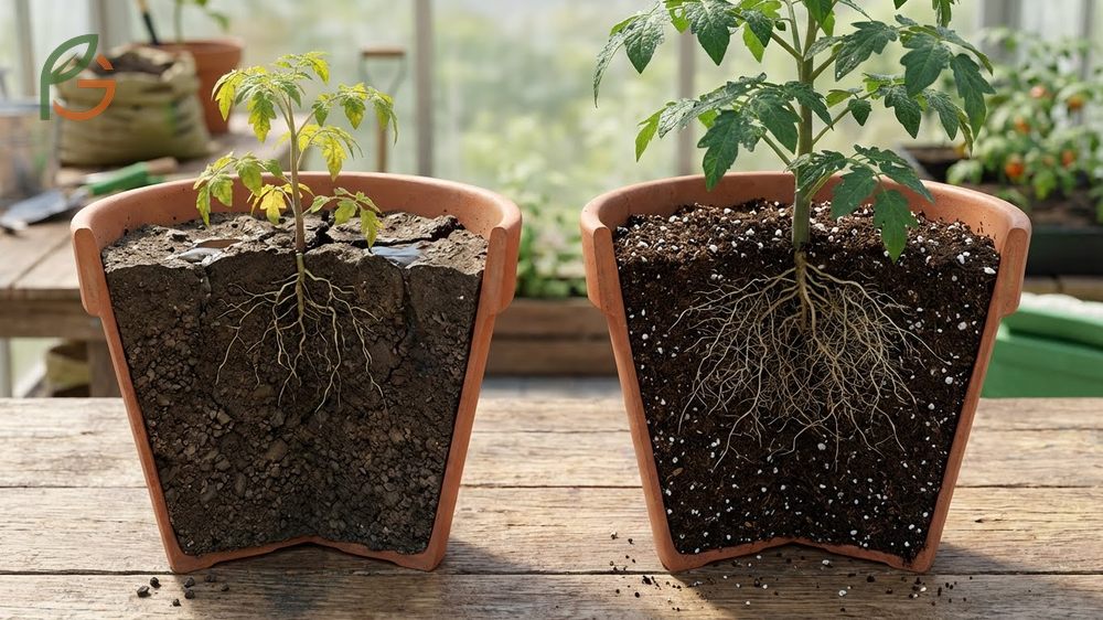 Growing cherry tomatoes in pots using a premium mix with peat moss and perlite to ensure proper drainage and aeration.