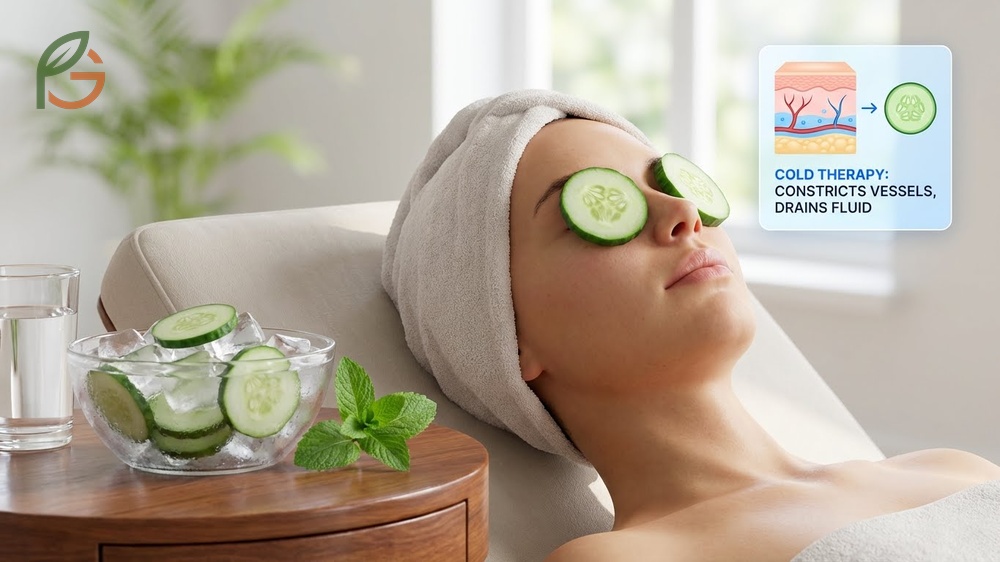 Reducing puffy eyes using cold cucumber slices to drain excess fluid and calm inflammation within 10 minutes.