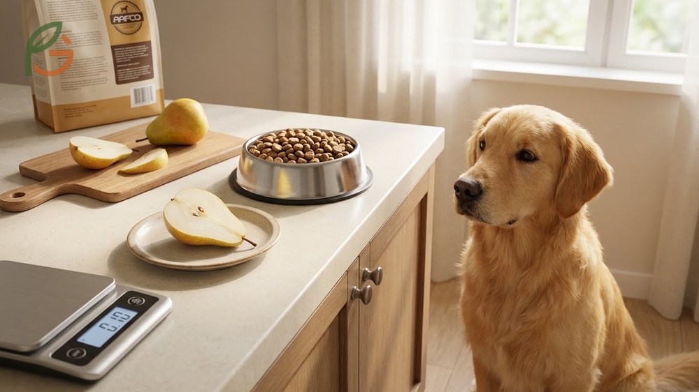 Safe serving size pears for dogs follows the 10 percent rule with small slices offered once or twice weekly.