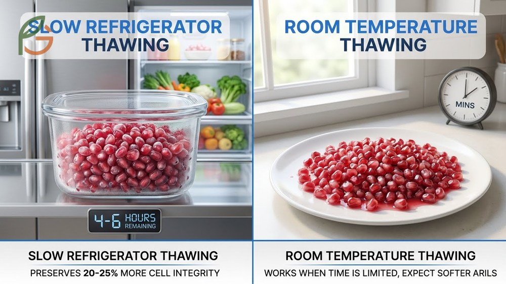 Thawing frozen arils in the refrigerator for 4 to 6 hours to retain 90 percent of the juice.
