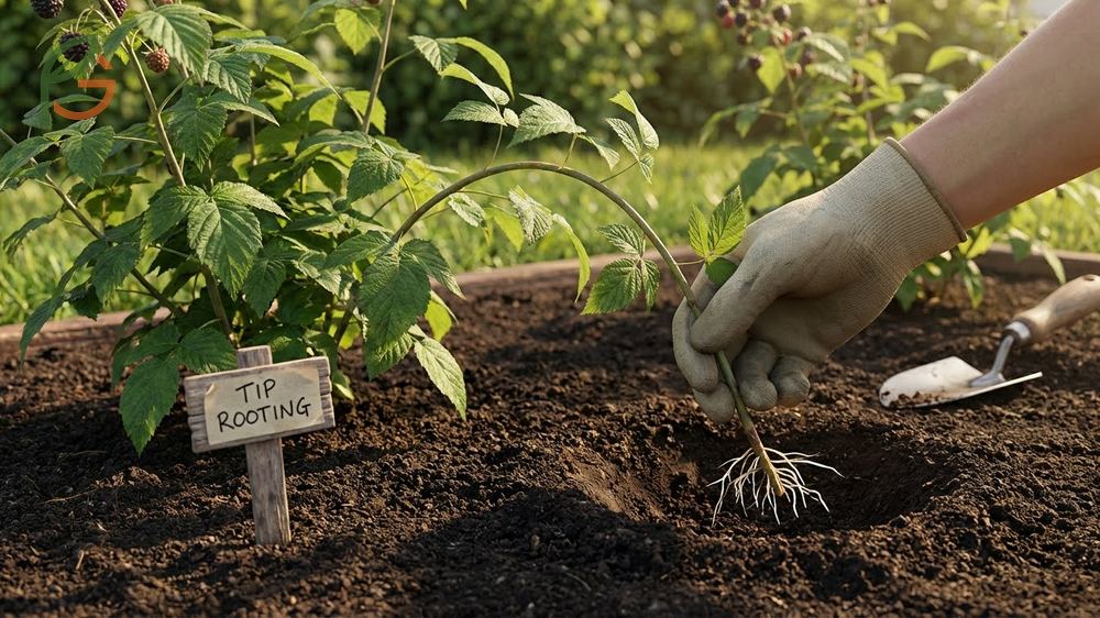 Tip rooting technique for black raspberries where cane tips are buried 2 to 4 inches deep in late summer.