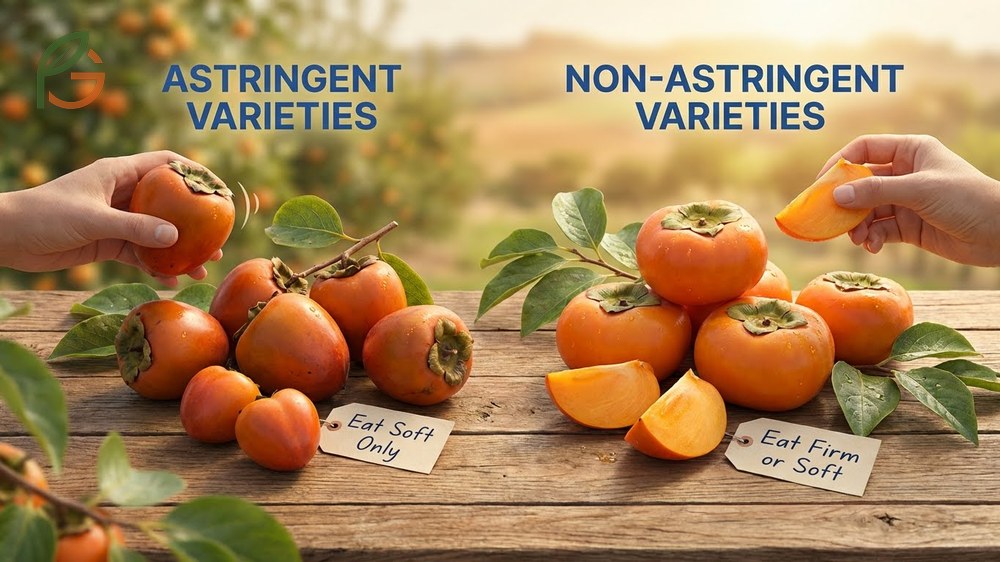 Different types of persimmon include astringent varieties that must soften and non-astringent types eaten while firm.