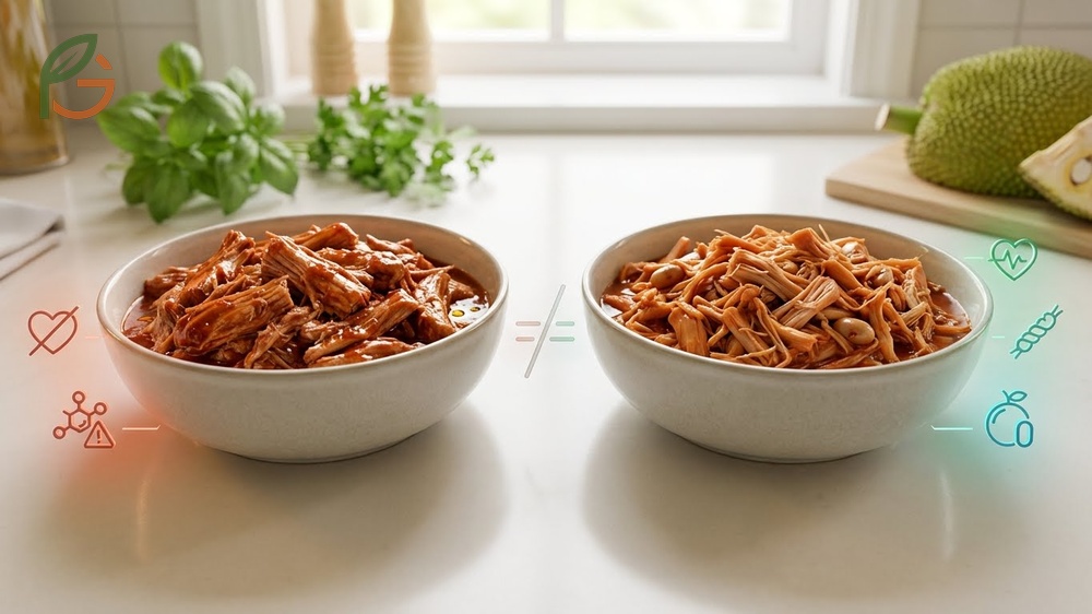Vegan pulled pork nutrition benefits offering 61 percent fewer calories and zero cholesterol.