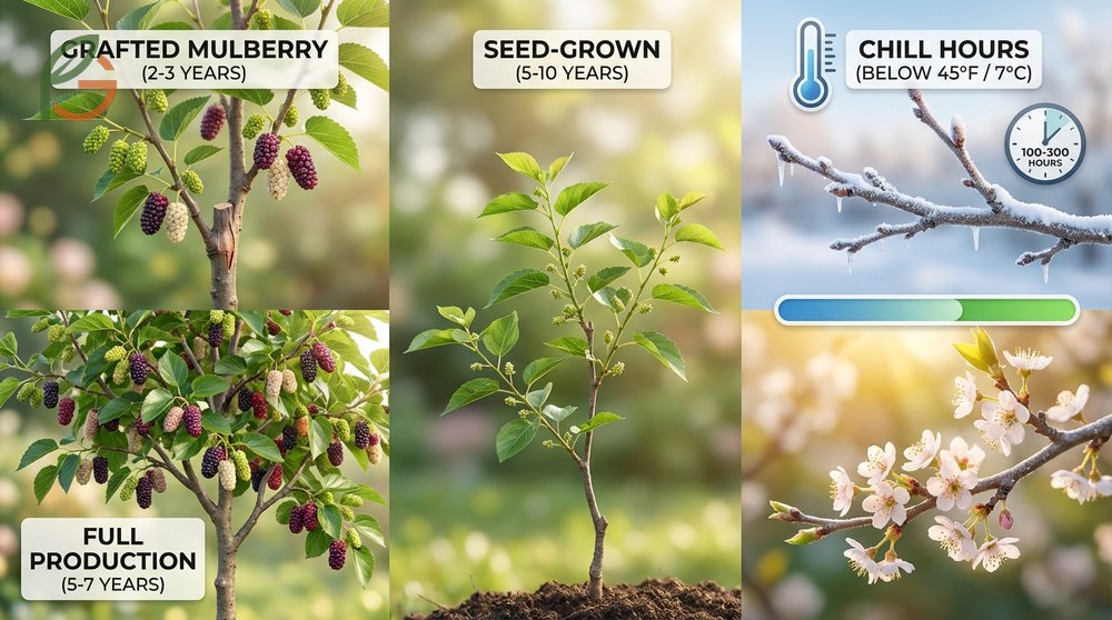 When do mulberry trees fruit typically occurs in spring after 2 to 3 years of growth for grafted trees.