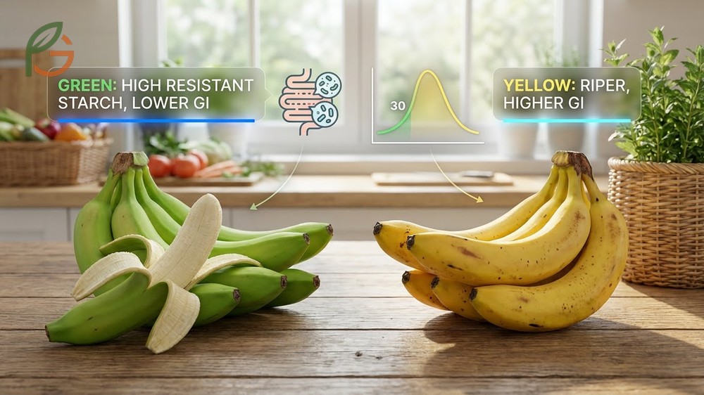 Yellow vs green banana benefits comparing antioxidant levels in ripe fruit versus resistant starch in unripe ones.