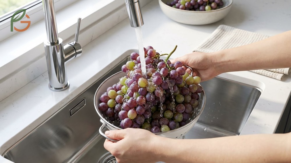 How to wash grapes using the basic water rinse method for 20 seconds to remove dirt and residues.