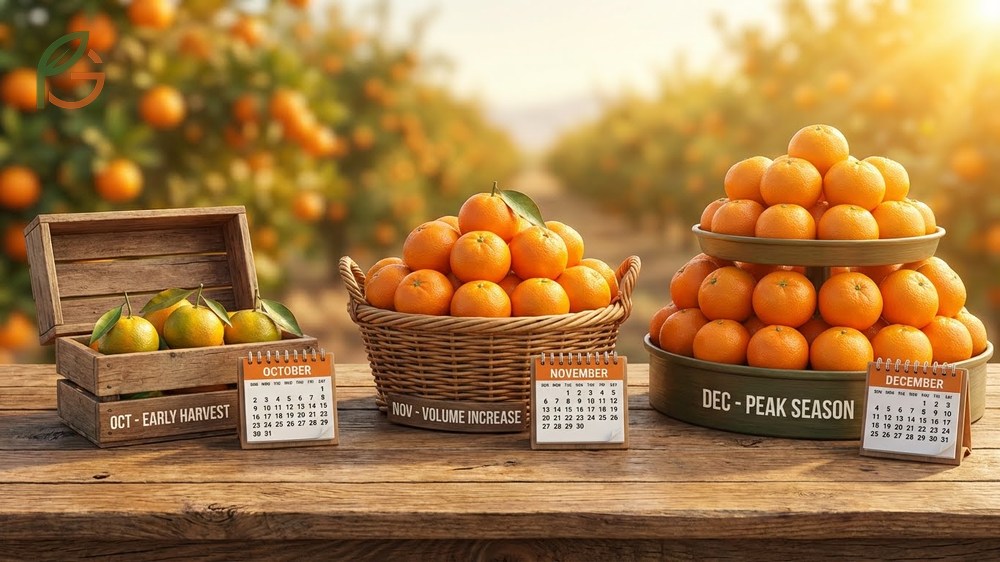 A clementine season calendar helps track the annual cycle of domestic harvests and spring imports.