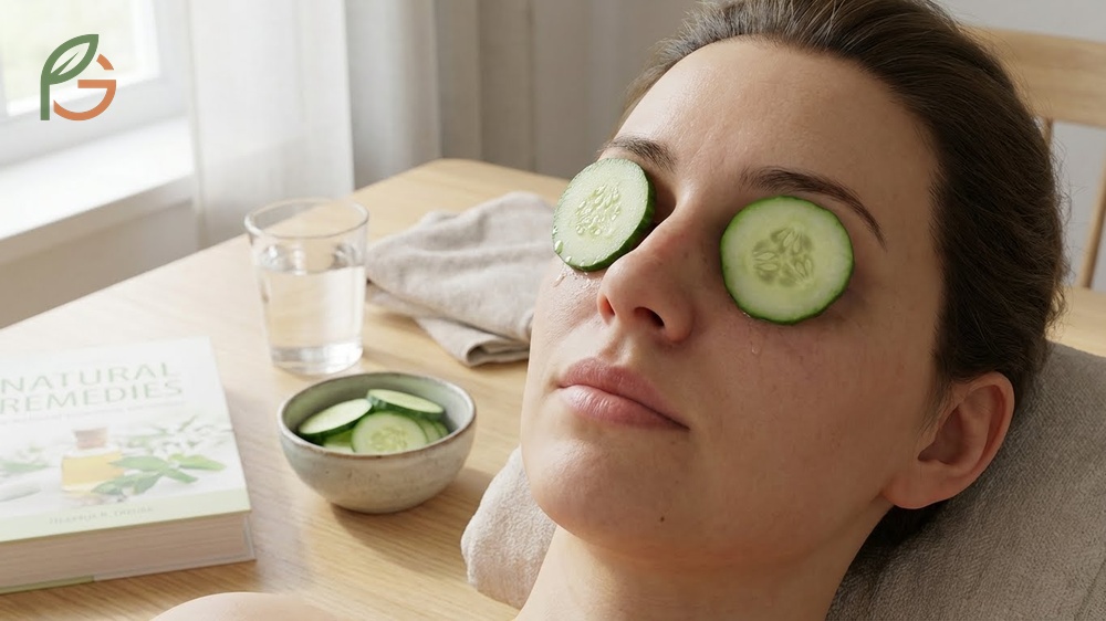 Dark circles home remedy using cucumber slices rich in vitamin K and C applied daily for 2-3 weeks.