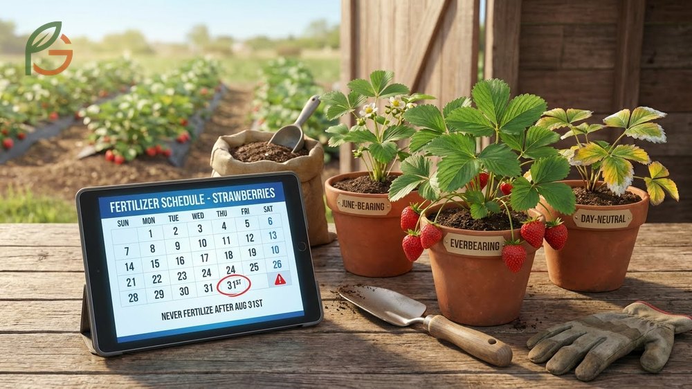 Seasonal fertilization schedule for strawberries highlighting critical spring and post-harvest timing.