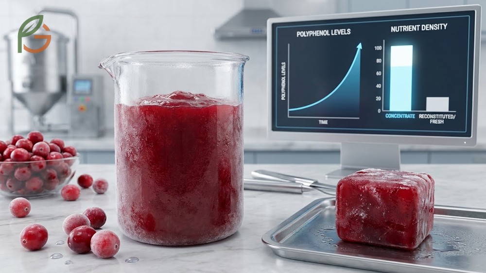 Frozen cranberry juice concentrate nutrient density compared to fresh juice with details on USDA specifications and polyphenol levels.