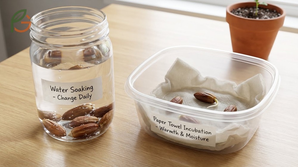 Germinate date seed methods like water soaking for 6 days can accelerate the process before planting in soil mix.