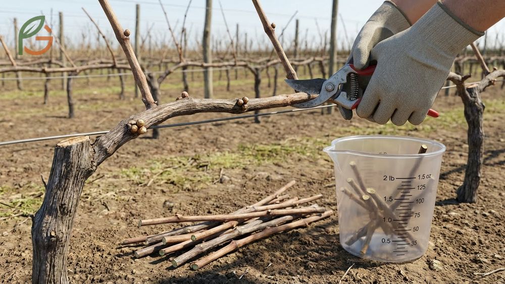 Grape pruning methods illustrating shoot density targets of 3 to 5 shoots per foot for optimal yield balance.