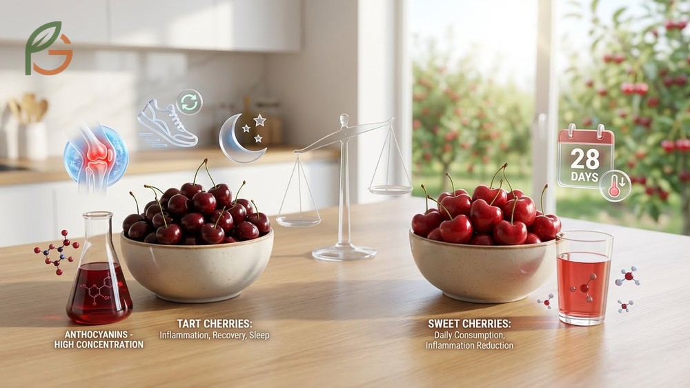 Health benefits comparison showing tart cherries reduce inflammation and muscle soreness effectively.