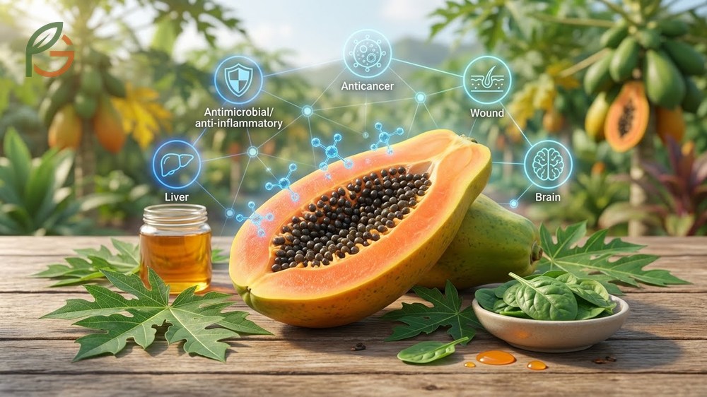 Papaya fruit providing 60mg of vitamin C per serving to boost immune function and reduce inflammation in the body.