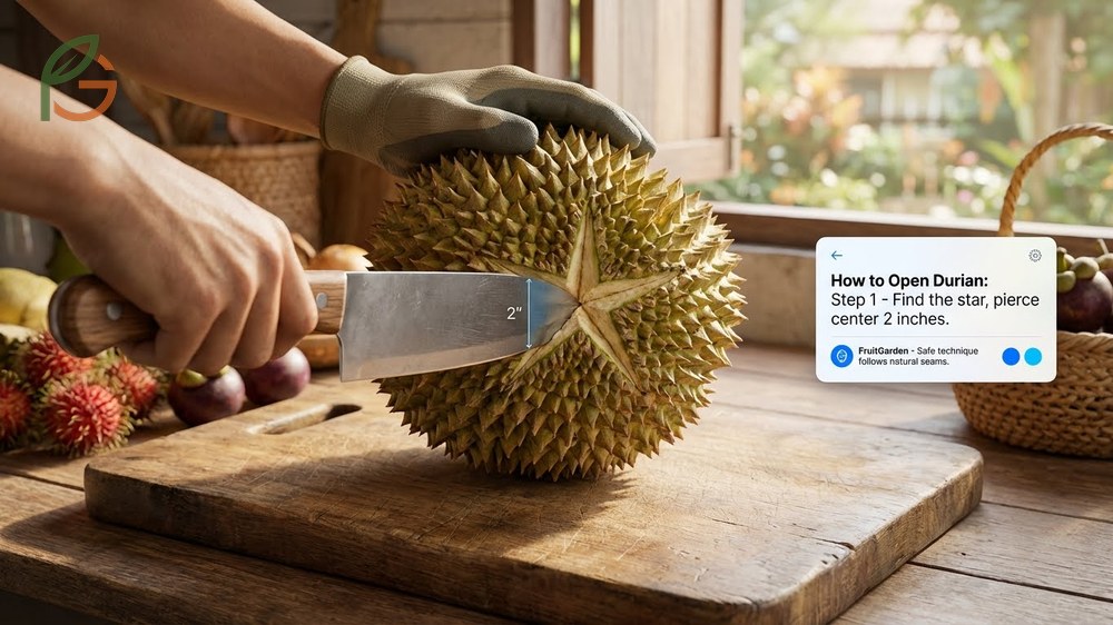 How to open durian guide using the five pointed star pattern and piercing 2 inches deep with a knife.