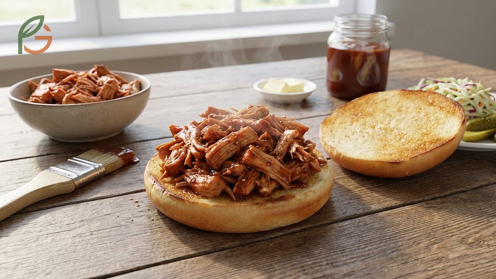 Jackfruit BBQ sandwich assembly with toasted buns, vinegar coleslaw, and pickles.