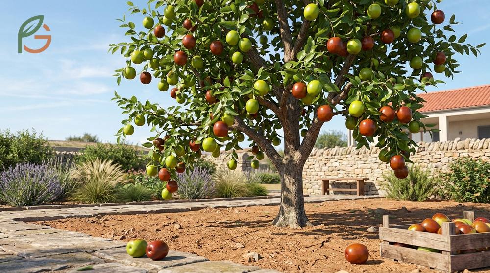Li jujube fruit tree characteristics with fruit transitioning from yellow green to mahogany brown as sugars concentrate.