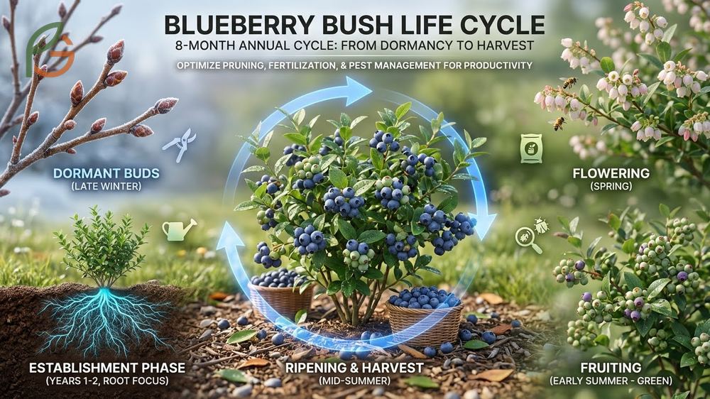 Where do blueberries grow lifecycle stages from flowering in early spring to fruit maturity over 60 days.