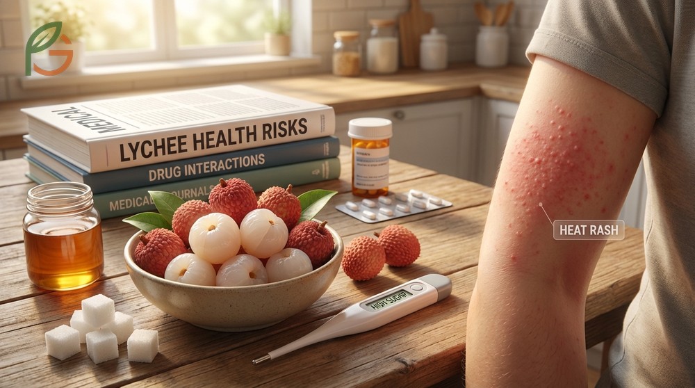 Lychee health risks involve potential blood sugar spikes and interactions with blood-thinning medications like warfarin.